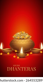 Happy Dhanteras - poster template design with gold coin in pot and decorative diya lamp. Vibrant Dhanteras festival design featuring gold coins.