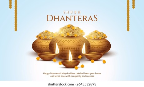 Happy Dhanteras - poster template design with gold coin in pot and decorative diya lamp. Vibrant Dhanteras festival design featuring gold coins.