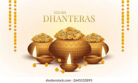 Happy Dhanteras - poster template design with gold coin in pot and decorative diya lamp. Vibrant Dhanteras festival design featuring gold coins.