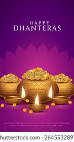 Happy Dhanteras - poster template design with gold coin in pot and decorative diya lamp. Vibrant Dhanteras festival design featuring gold coins.