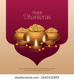 Happy Dhanteras - poster template design with gold coin in pot and decorative diya lamp. Vibrant Dhanteras festival design featuring gold coins.