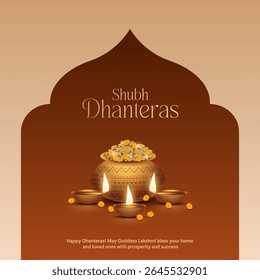 Happy Dhanteras - poster template design with gold coin in pot and decorative diya lamp. Vibrant Dhanteras festival design featuring gold coins.