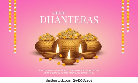 Happy Dhanteras - poster template design with gold coin in pot and decorative diya lamp. Vibrant Dhanteras festival design featuring gold coins.
