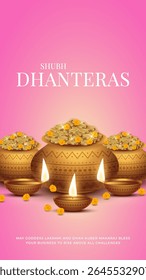 Happy Dhanteras - poster template design with gold coin in pot and decorative diya lamp. Vibrant Dhanteras festival design featuring gold coins.