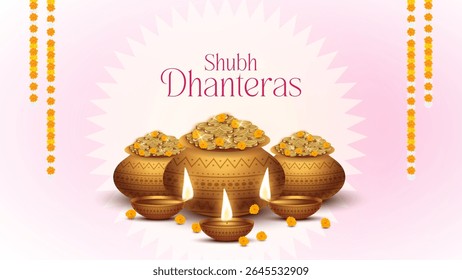 Happy Dhanteras - poster template design with gold coin in pot and decorative diya lamp. Vibrant Dhanteras festival design featuring gold coins.