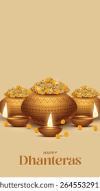 Happy Dhanteras - poster template design with gold coin in pot and decorative diya lamp. Vibrant Dhanteras festival design featuring gold coins.