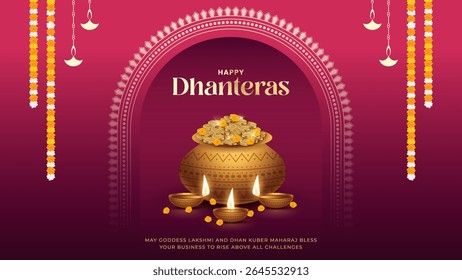 Happy Dhanteras - poster template design with gold coin in pot and decorative diya lamp. Vibrant Dhanteras festival design featuring gold coins.