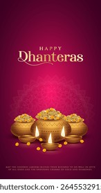 Happy Dhanteras - poster template design with gold coin in pot and decorative diya lamp. Vibrant Dhanteras festival design featuring gold coins.