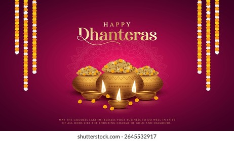 Happy Dhanteras - poster template design with gold coin in pot and decorative diya lamp. Vibrant Dhanteras festival design featuring gold coins.