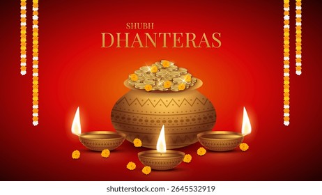 Happy Dhanteras - poster template design with gold coin in pot and decorative diya lamp. Vibrant Dhanteras festival design featuring gold coins.