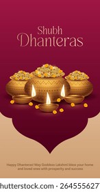 Happy Dhanteras - poster template design with gold coin in pot and decorative diya lamp. Vibrant Dhanteras festival design featuring gold coins.