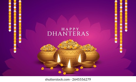 Happy Dhanteras - poster template design with gold coin in pot and decorative diya lamp. Vibrant Dhanteras festival design featuring gold coins.
