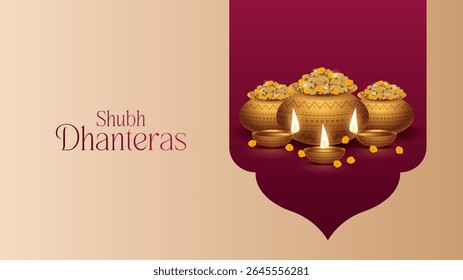 Happy Dhanteras - poster template design with gold coin in pot and decorative diya lamp. Vibrant Dhanteras festival design featuring gold coins.
