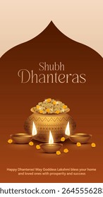 Happy Dhanteras - poster template design with gold coin in pot and decorative diya lamp. Vibrant Dhanteras festival design featuring gold coins.