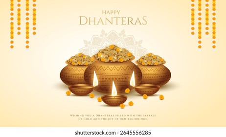 Happy Dhanteras - poster template design with gold coin in pot and decorative diya lamp. Vibrant Dhanteras festival design featuring gold coins.