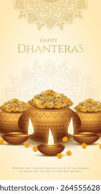 Happy Dhanteras - poster template design with gold coin in pot and decorative diya lamp. Vibrant Dhanteras festival design featuring gold coins.