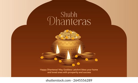 Happy Dhanteras - poster template design with gold coin in pot and decorative diya lamp. Vibrant Dhanteras festival design featuring gold coins.