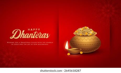 Happy Dhanteras - poster template design with gold coin in pot and decorative diya lamp. Vibrant Dhanteras festival design featuring gold coins.