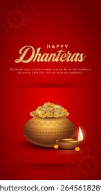 Happy Dhanteras - poster template design with gold coin in pot and decorative diya lamp. Vibrant Dhanteras festival design featuring gold coins.