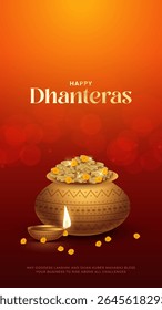 Happy Dhanteras - poster template design with gold coin in pot and decorative diya lamp. Vibrant Dhanteras festival design featuring gold coins.