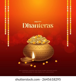 Happy Dhanteras - poster template design with gold coin in pot and decorative diya lamp. Vibrant Dhanteras festival design featuring gold coins.