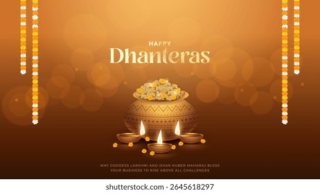 Happy Dhanteras - poster template design with gold coin in pot and decorative diya lamp. Vibrant Dhanteras festival design featuring gold coins.