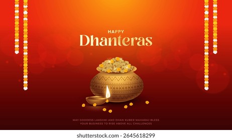 Happy Dhanteras - poster template design with gold coin in pot and decorative diya lamp. Vibrant Dhanteras festival design featuring gold coins.