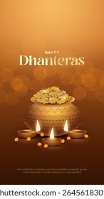 Happy Dhanteras - poster template design with gold coin in pot and decorative diya lamp. Vibrant Dhanteras festival design featuring gold coins.
