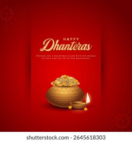 Happy Dhanteras - poster template design with gold coin in pot and decorative diya lamp. Vibrant Dhanteras festival design featuring gold coins.