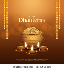Happy Dhanteras - poster template design with gold coin in pot and decorative diya lamp. Vibrant Dhanteras festival design featuring gold coins.