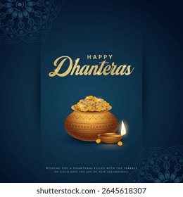 Happy Dhanteras - poster template design with gold coin in pot and decorative diya lamp. Vibrant Dhanteras festival design featuring gold coins.
