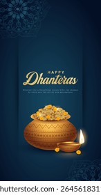 Happy Dhanteras - poster template design with gold coin in pot and decorative diya lamp. Vibrant Dhanteras festival design featuring gold coins.