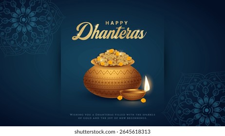 Happy Dhanteras - poster template design with gold coin in pot and decorative diya lamp. Vibrant Dhanteras festival design featuring gold coins.