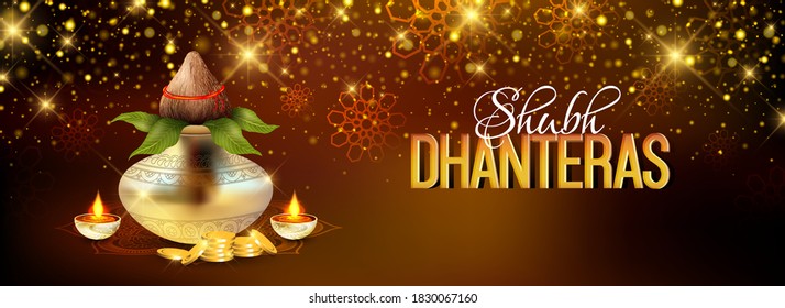 Happy Dhanteras realistic coin, pot and illuminated oil lamps and lights on glossy brown background or banner design.
