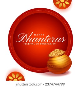 feliz fondo del evento religioso dhanteras con la moneda dorada kalasha vector. Traducción: Feliz Dhanteras, dhan significa riqueza teras significa trece