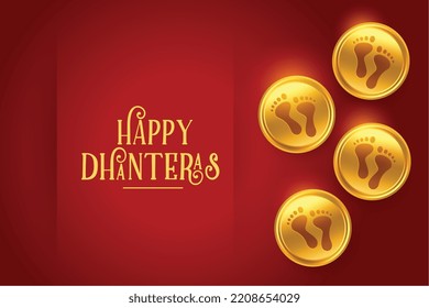 Happy Dhanteras Religious Poster With Goddess Foot Print On Golden Coin  