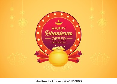 Happy Dhanteras sale offer logo banner with gold coins in pot with lamp. Indian Diwali festival celebration sale offer logo Vector, Illustration, Sign, Symbol, 50%off, Diwali modern logo, Unit, Label.