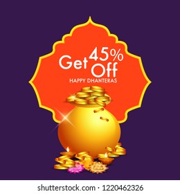 Happy Dhanteras Sale Poster Or Banner Background With Golden Coin pot.