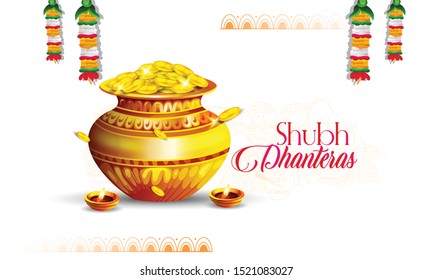 Happy Dhanteras, Shubh Dhanteras festival card with golden pot gold coin lakshmi footprint