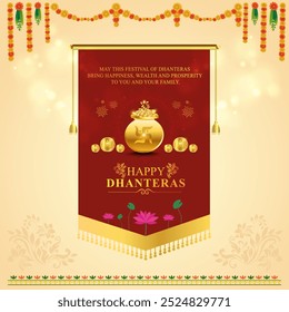 Happy Dhanteras Social Media Template. India, Diwali, Gold, Goddess Lakshmi Devi. Traditional Festival Template