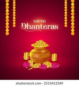 Happy Dhanteras social media vector illustration template. Happy dhanteras festival with flower decoration and Diya lamp for the Indian religious festival of lights

