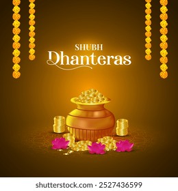 Happy Dhanteras modelo de ilustração vetorial de mídia social. Feliz festival de dhanteras com decoração de flores e lâmpada de Diya para o festival religioso indiano de luzes
