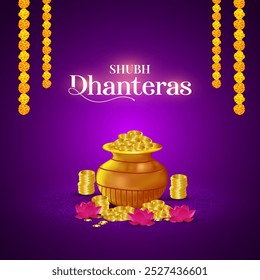 Happy Dhanteras modelo de ilustração vetorial de mídia social. Feliz festival de dhanteras com decoração de flores e lâmpada de Diya para o festival religioso indiano de luzes
