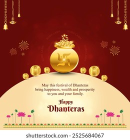 Happy Dhanteras Social Media wünscht Grüße Design-Vorlage. Indisches Festival, traditionelles Dunkelrot, goldener Hintergrund