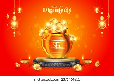 Happy Dhanteras text with pot of golden coins, money. Golden rush background and podium design with Diwali lamp.