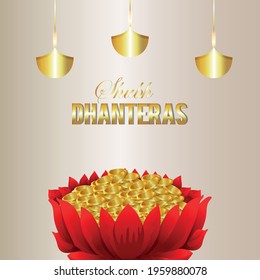 Happy dhanteras vector illustration with creative goldcoin lotus flower and creative diya