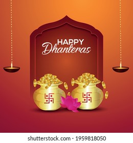 Happy dhanteras vector illustration greeting card with gold coin pot