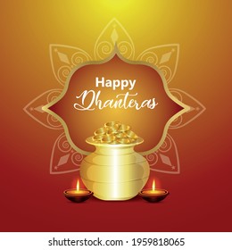 Happy dhanteras vector illustration greeting card with gold coin pot