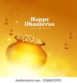 happy dhanteras wishes background with golden coin pot and light effect vector. Translation: Happy Dhanteras, dhan means wealth teras means thirteen