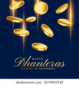 happy dhanteras wishes background with shiny golden coin design vector. Translation: Happy Dhanteras, dhan means wealth teras means thirteen